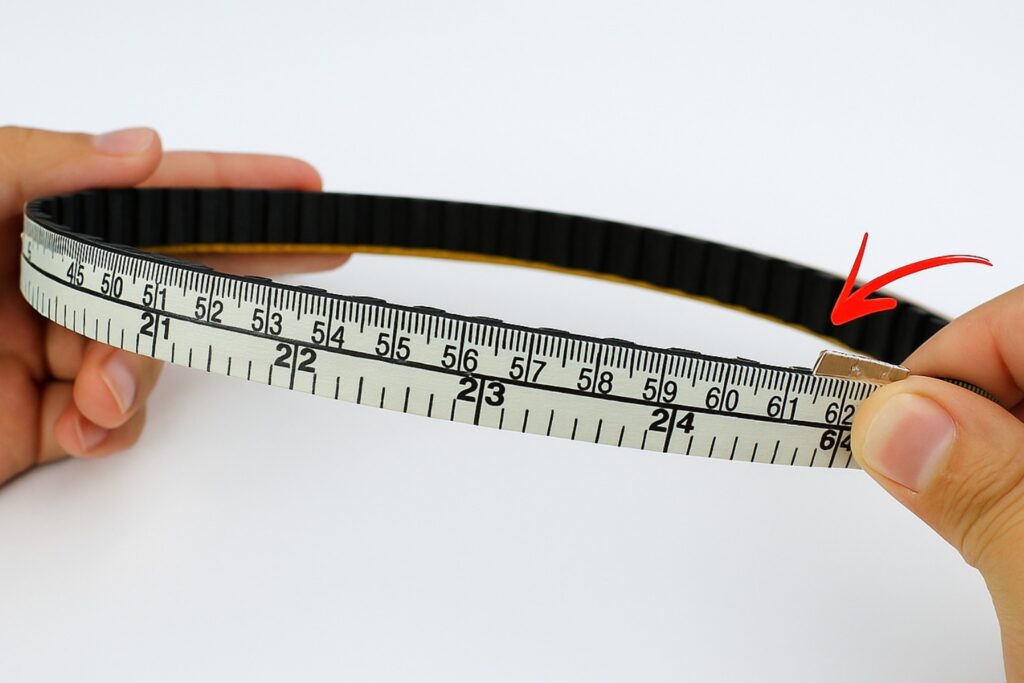 Duas mãos segurando uma fita métrica em volta de uma correia em V para tirar sua medida