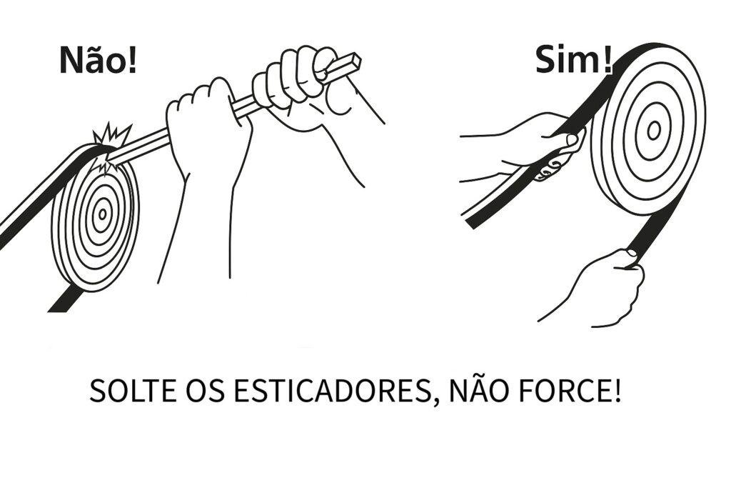 A imagem mostra 2 figuras, a primeira o que não fazer para instalar (forçar os esticadores), e a segunda correta (soltando os esticadores).